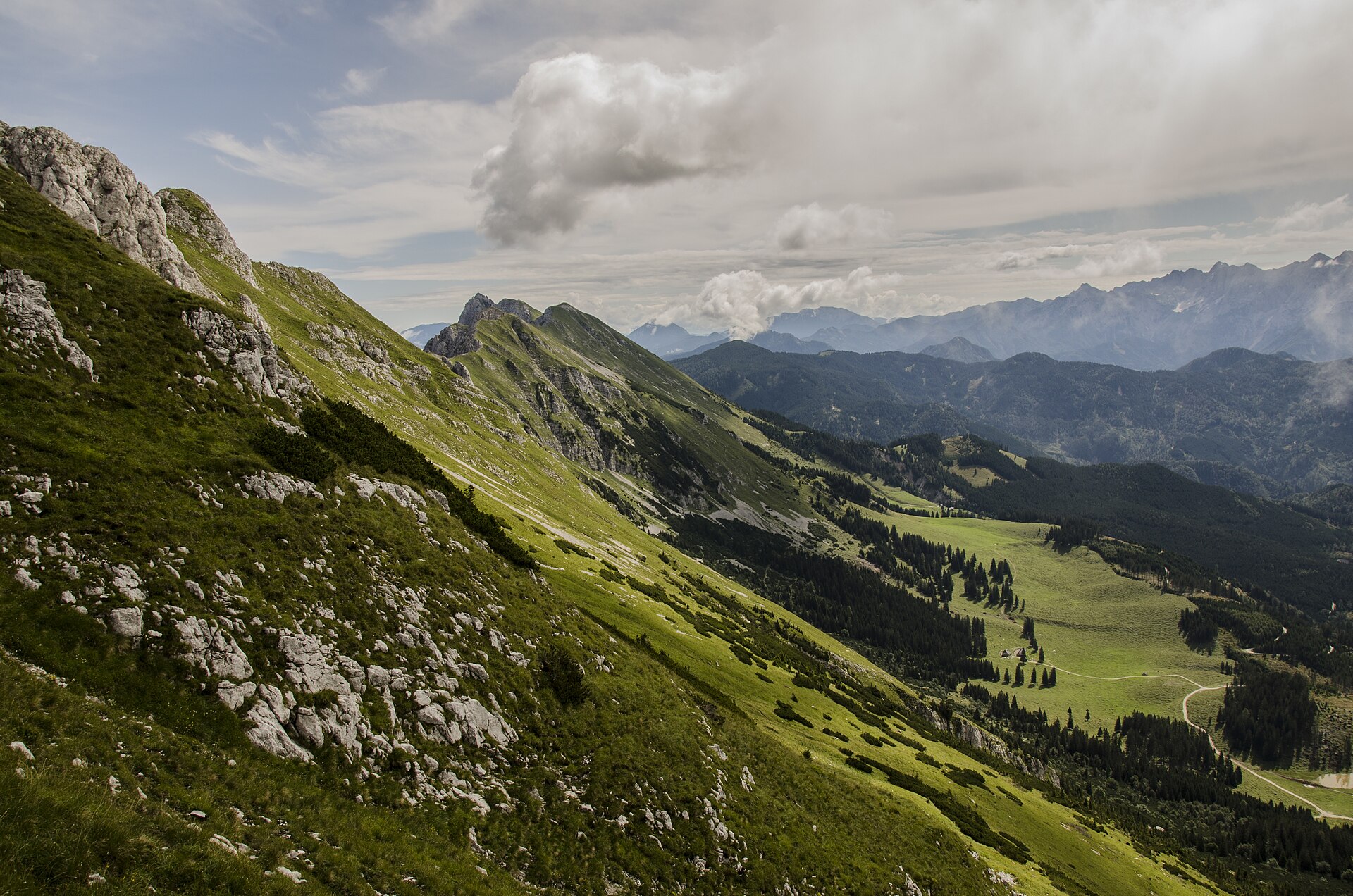 A hiker overlooking a green mountain valley