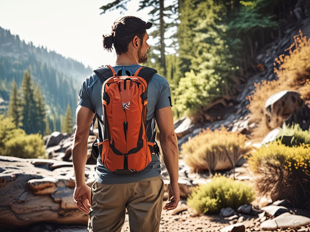 Orange hydration pack worn on a mountain trail