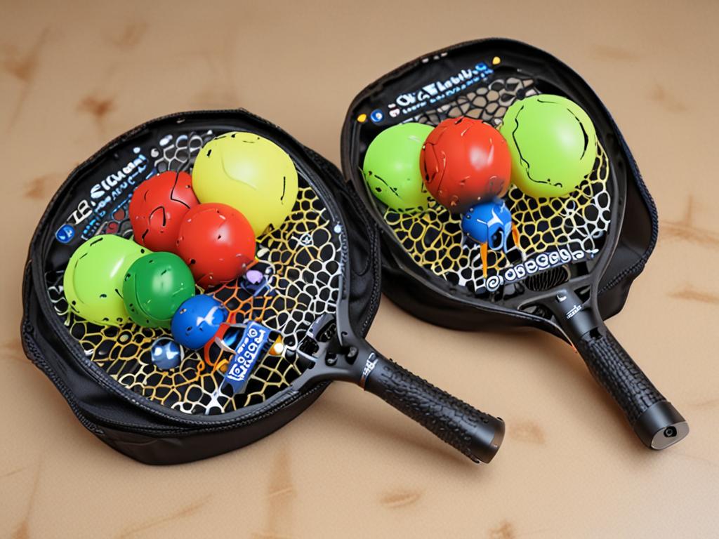 Two pickleball paddles with colorful balls